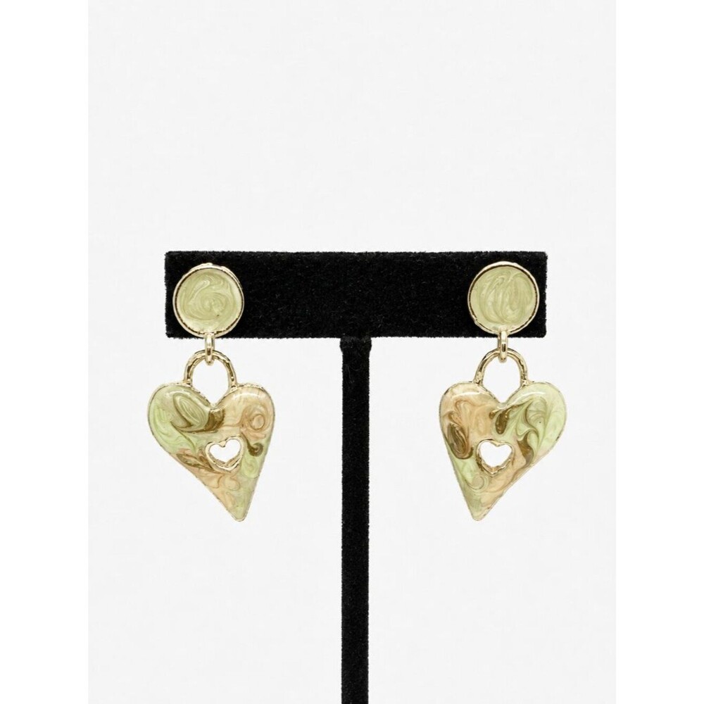 Vintage Heart Earrings Enamel Pastel Marble Dangle Pierced Gold Tone 80s